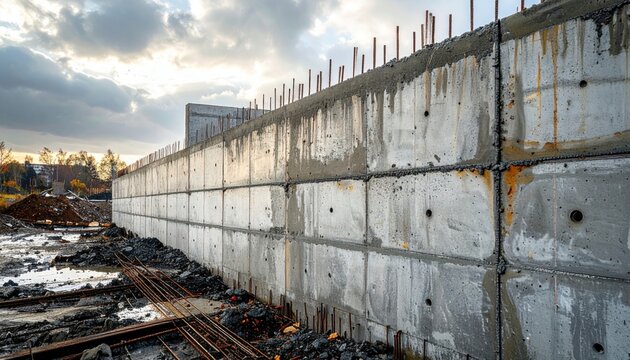 Reinforced Concrete Wall Segment Under Construction with Exposed Rebar and Cloudy Sky