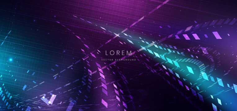 Digital technology background with blue square lines wave lines lighting effect on dark background.