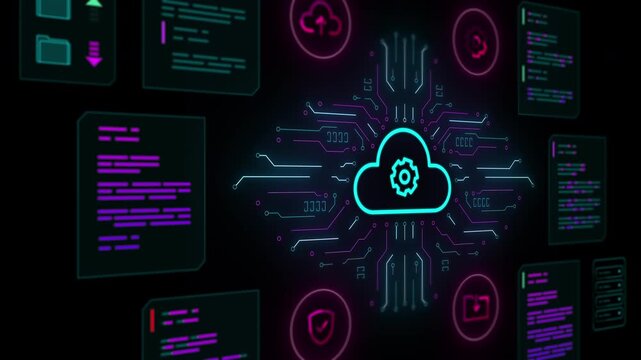 Central cloud icon with gear symbol integrated into a digital circuit network for server data management.