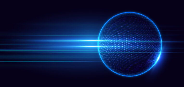 A glowing digital blue sphere with dotted texture and dynamic.