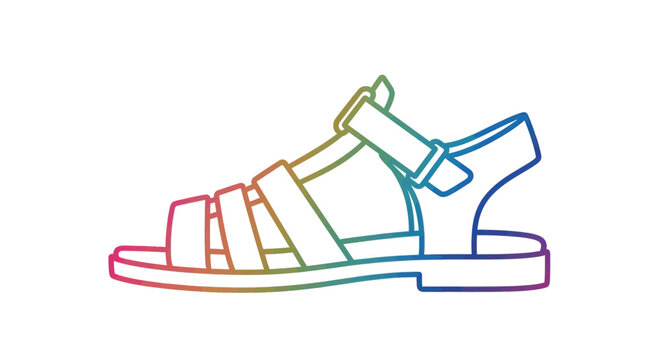 Rainbow outline of a gladiator sandal, minimalist line art, summer footwear concept