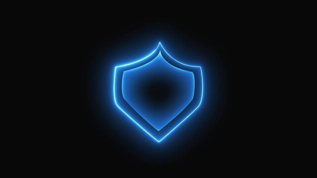 Blue neon shield icon with glowing outline on black background. Blue neon shield image photo. Professional blue neon shield for data privacy and information safety system art.