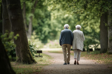 Obraz premium Senior Couple Walking Together in the Green Park