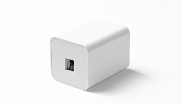 White cube-shaped power adapter with a single square port on a light gray background