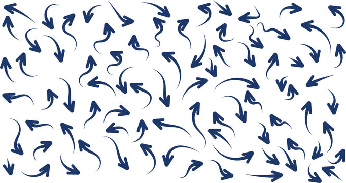 Collection of hand-drawn dark blue curved arrows pointing in various directions on white