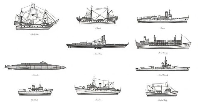 Collection of Vintage Ship Illustrations and Drawings.