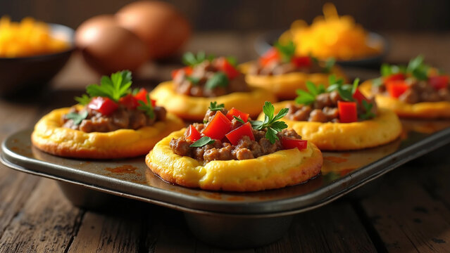 Healthy Keto Breakfast Egg Muffins with Savory Sausage and Red Peppers in Muffin Tin