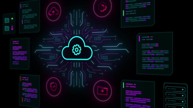 Cyber interface showing cloud technology icon surrounded by floating data screens and security elements.