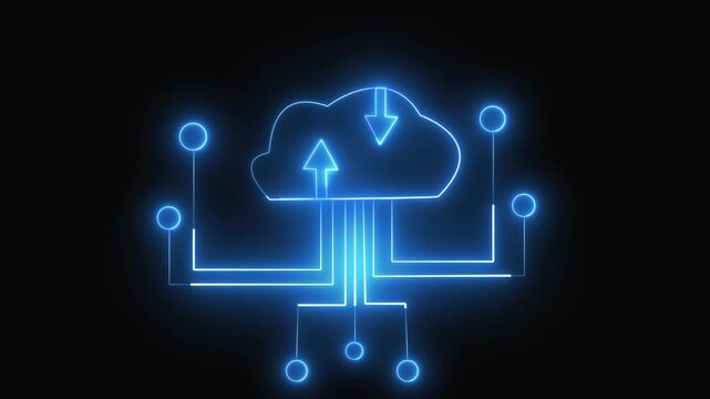 Neon blue cloud icon with arrows and network connections. Neon blue cloud cloud computing. Professional neon blue cloud for digital storage and server infrastructure visuals art.