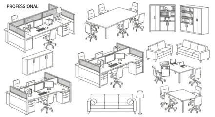 Naklejka premium Office Furniture and Layout Designs Blueprint Collection.
