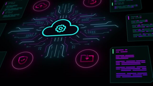 Wide perspective of cloud computing icon with peripheral data streams and digital information nodes.