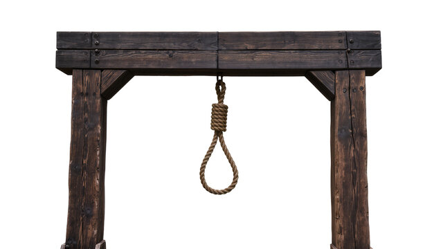 Rough wooden gallows structure with hanging noose, isolated on transparent background