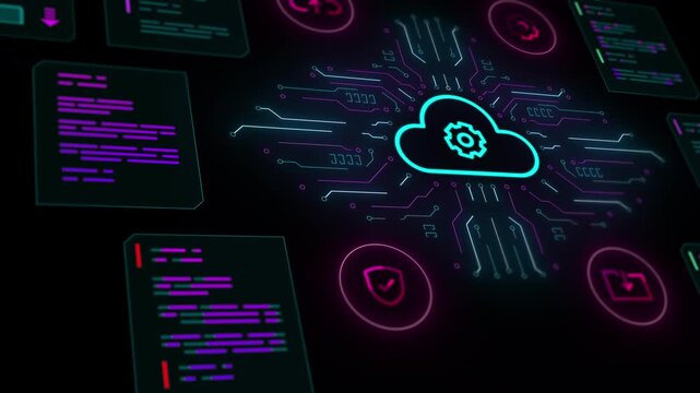 High tech visualization of cloud central hub with technical documentation and analytics screens in cyberspace.