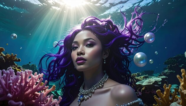 Amethyst-Haired Siren Emerging From Underwater Depths With Pearls and Coral