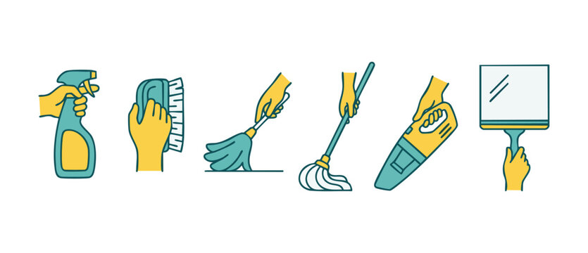 Cleaning service icons set with hands holding cleaning tools, spray bottle, mop, broom, vacuum and squeegee for household chores, hygiene maintenance, housekeeping and domestic sanitizing equipment de
