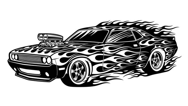 Muscle car with flame decals and high-performance engine