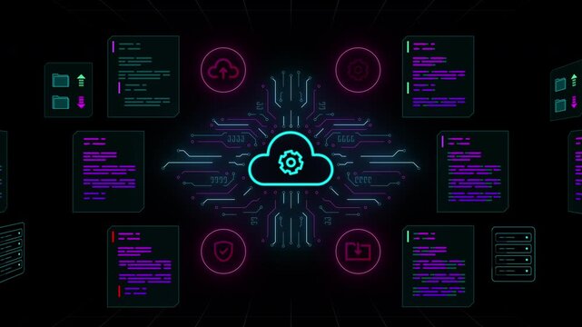 Digital representation of cloud computing unit connecting multiple data panels and technical symbols.