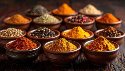 Fototapeta premium Artisanal Spice Collection Displayed in Rustic Wooden Bowls