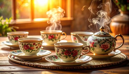 Fototapeta premium Steaming Ceramic Floral Tea Cups and Teapot Set on a Tray with Sunlight