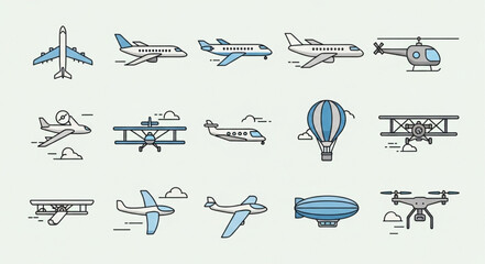 Collection of various aircraft and flying vehicles illustrations. © Sandir