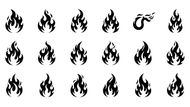 Set of black flame icons with different shapes and sizes