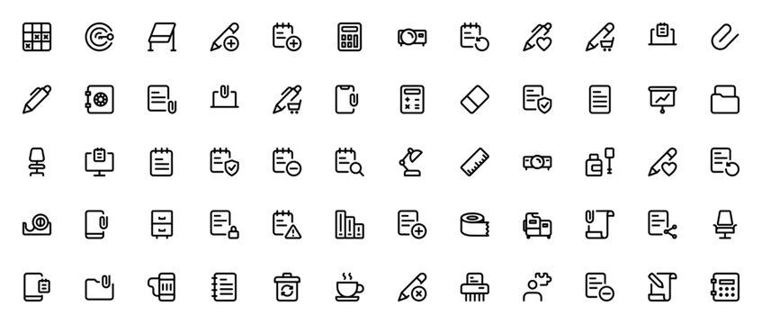 Work Office icon set. Vector business collection with schedule, key, whiteboard, laptop, calculator, folder, file, pencil, notebook, projector and more. Editable stroke.