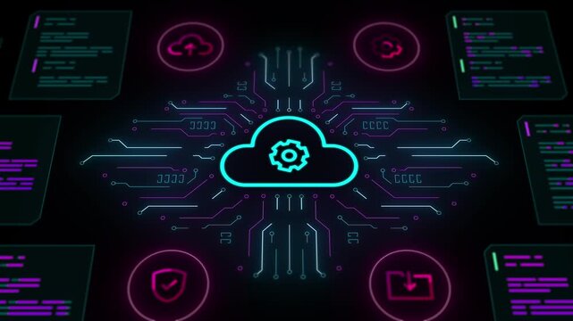 Secure cloud symbol with gear managing digital data recovery and redundant storage information panels.