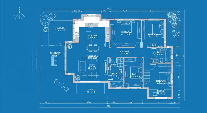 Detailed blueprint of a modern house floor plan with multiple rooms and measurements