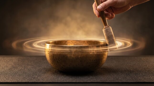 Tibetan Singing Bowl with Glowing Sound Waves and Steam in Reiki Meditation Session