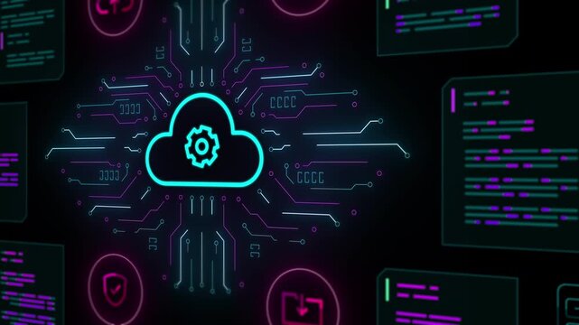 Detailed visual of cloud icon as a central processing unit for high speed internet data hosting services.