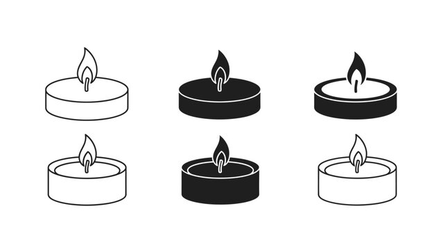 Set of six candles with flames in outline and filled styles