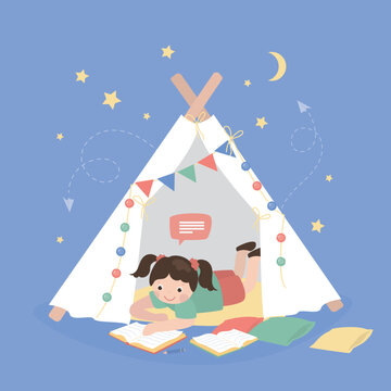 Kid reading book, bookworm. Smart girl lying in wigwam playhouse with books. Cute child reading workbooks. Childhood, education, dreams and imagination