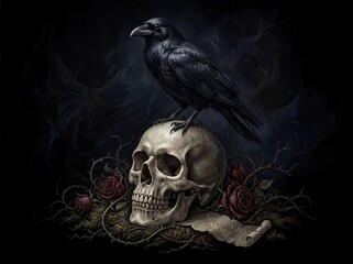 Fototapeta premium Raven perched on skull with roses memento mori dark illustration