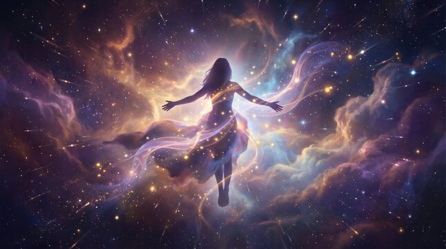 Two Female Energy Spirits Flying Through Cosmic Galaxy in Reiki Astral Healing Concept