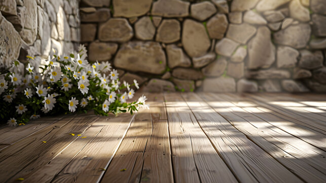 Rustic Wooden Floor with White Daisies and Stone Wall &ndash; Warm Natural Interior Background with Sunlight and Copy Space