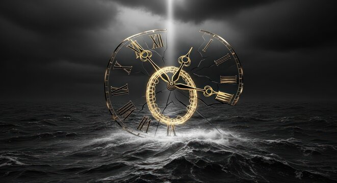 A shattered golden clock emerging from dark turbulent waters under a stormy sky