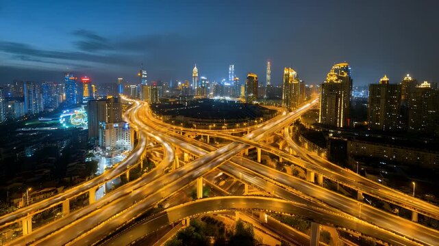 Illuminated cityscape at dusk with a complex highway interchange showing light trails from moving vehicles and modern skyscrapers in background.
