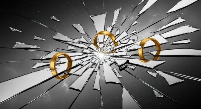 Golden rings float amidst shards of a shattered mirror against a dark background