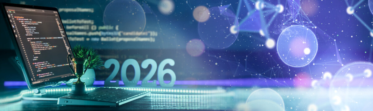 Future technology 2026 concept. Programming success, IT innovations and artificial intelligence. Laptop with code and winner trophy on futuristic digital network background.