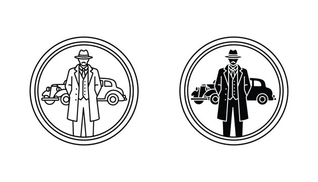 Vintage gangster character in a fedora and trench coat standing beside a classic 1920s car vector illustration