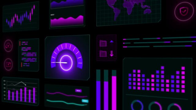 Perspective view of multiple screens displaying performance gauges, bar charts, and technical business data.