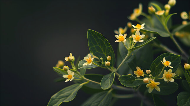 Delicate White and Yellow Wildflowers with Green Leaves on Dark Background &ndash; Botanical Nature, Spring Bloom and Floral Beauty