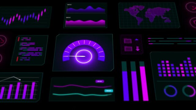 Digital interface featuring a neon purple speedometer surrounded by financial bar charts and data graphs on black background.