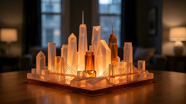 Glowing modern city architectural miniature model on wooden surface in warm ambient lighting.