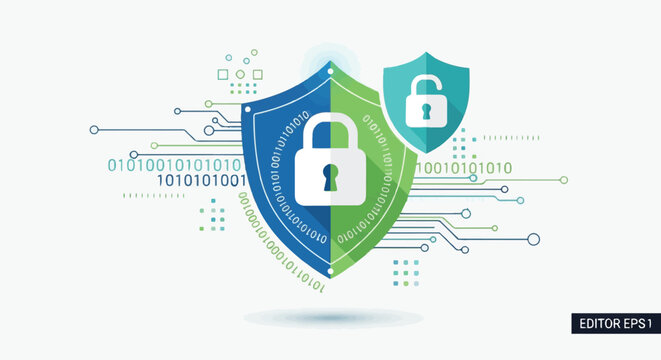 Cybersecurity concept with shield and lock on for data protection
