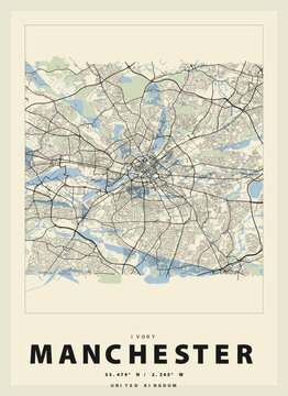 Vintage Manchester City Map Poster with Minimalist Design and Geographic Coordinates, United Kingdom