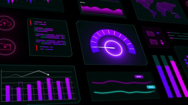 Detailed view of a technical dashboard showing real time performance metrics and statistical data panels in neon style.