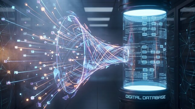Futuristic digital database funnel processing stream of glowing data packets in server room.