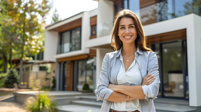 Real Estate Agent Portrait with Arms Crossed Near Modern Architecture Home