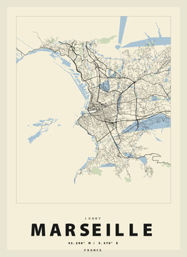 Vintage style map of marseille france with city streets and waterways on beige background vector illustration
